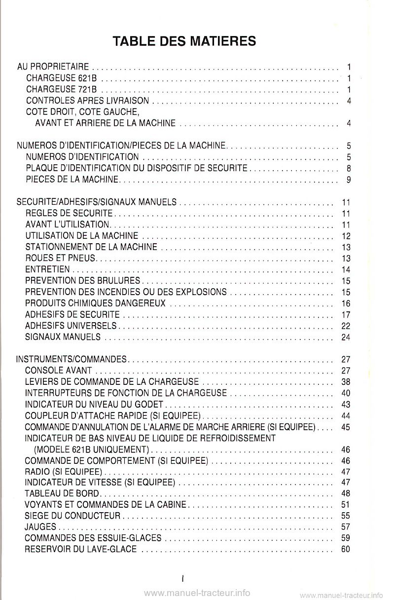 Deuxième page du Manuel opérateur chargeuse CASE 621B-721B