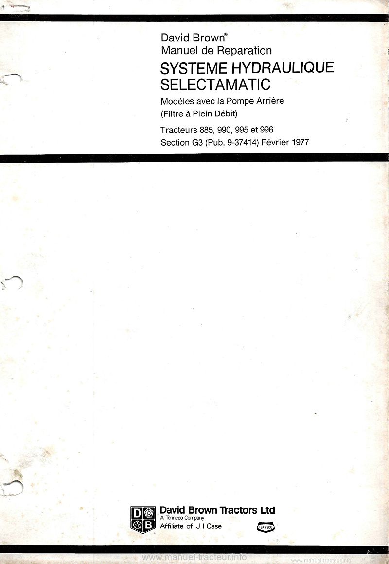 Première page du Manuel Réparation Système Hydraulique Selectamatic David Brown 885 990 995 996