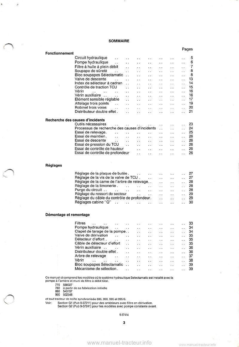 Deuxième page du Manuel Réparation Système Hydraulique Selectamatic David Brown 885 990 995 996