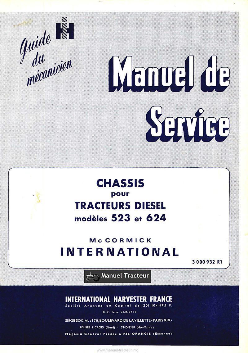 Première page du Manuel de service pour châssis des tracteurs McCormick International 523 624