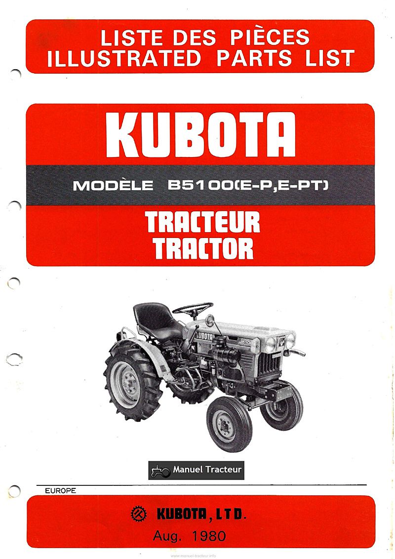 Première page du Liste des pièces de rechange tracteur Kubota B5100 (E-P,E-PT)