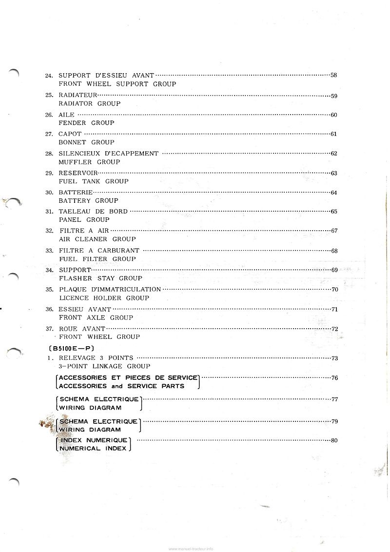 Cinquième page du Liste des pièces de rechange tracteur Kubota B5100 (E-P,E-PT)