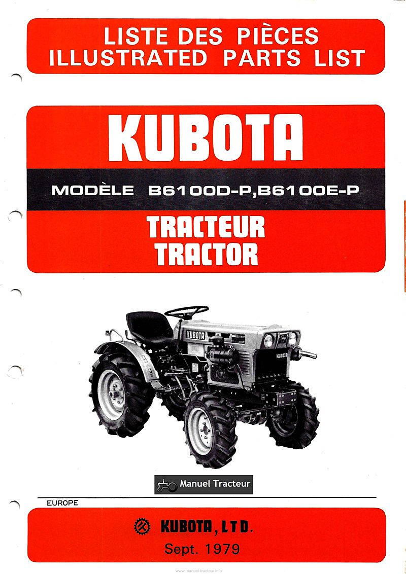 Première page du Catalogue de la liste des pièces de rechange tracteurs Kubota B6100 D-P B6100 E-P 