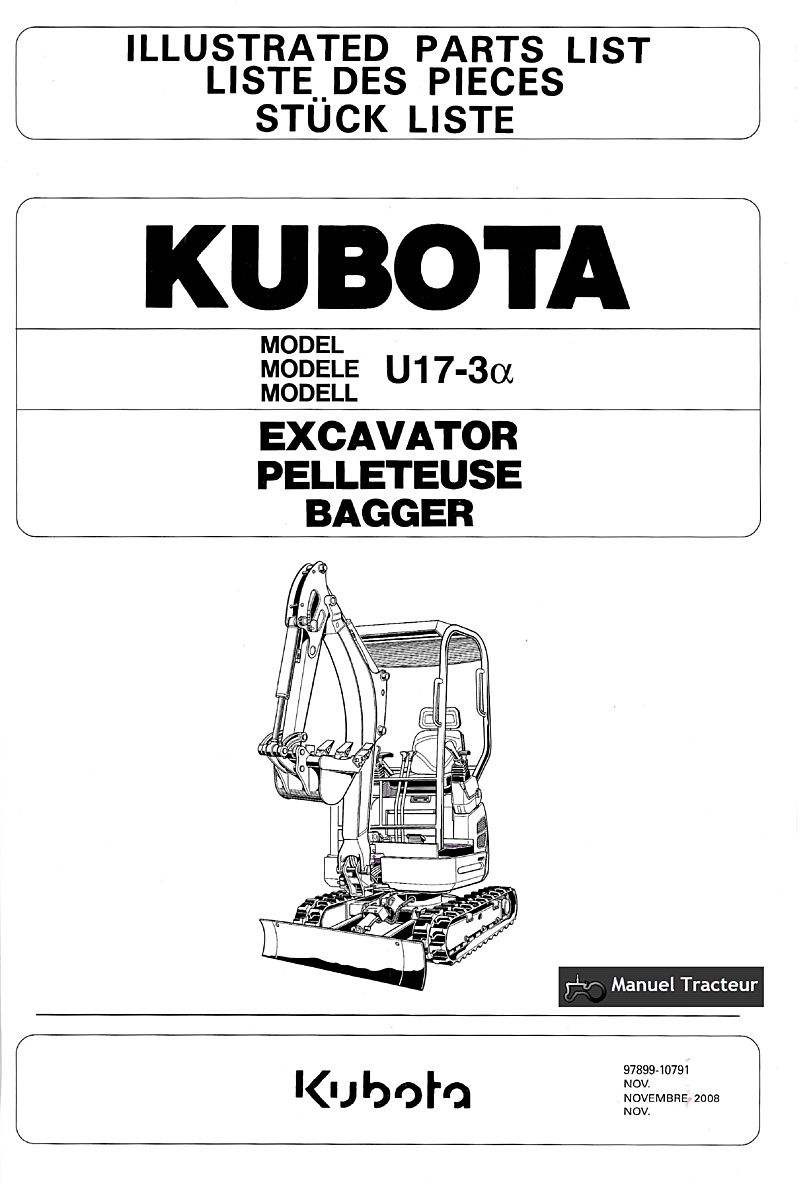 Première page du Liste des pièces de rechange pelleteuse Kubota U17-3 alpha