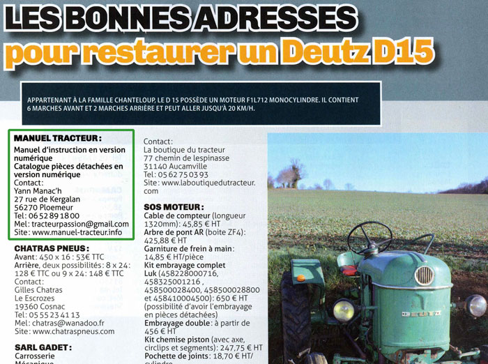 Magazine tracteurs revue mai juin 2014 - adresses pour restaurer un tracteur Deutz D15