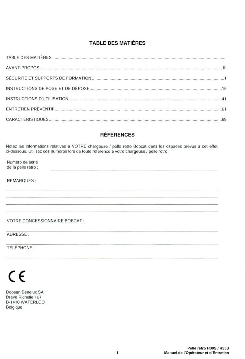 Quatrième page du Manuel opérateur et entretien Pelle Retro Bobcat R30S R35S