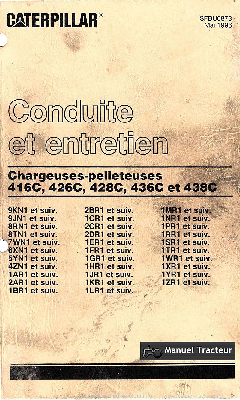 Première page du Livret entretien chargeuses pelleteuses Caterpillar 416C 426C 428C 436C 438C