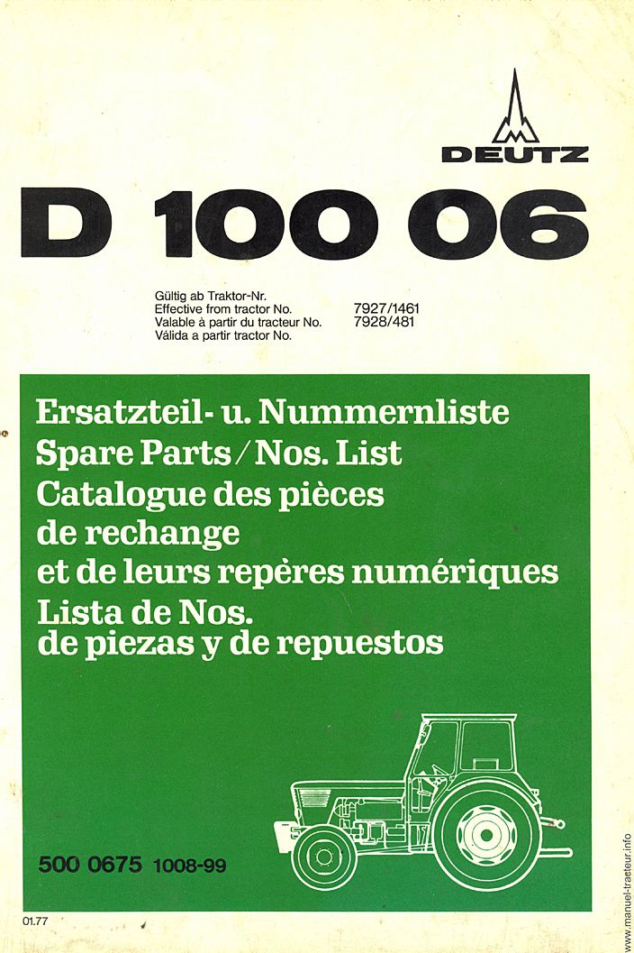 Première page du Catalogue pièces rechange DEUTZ D 10006