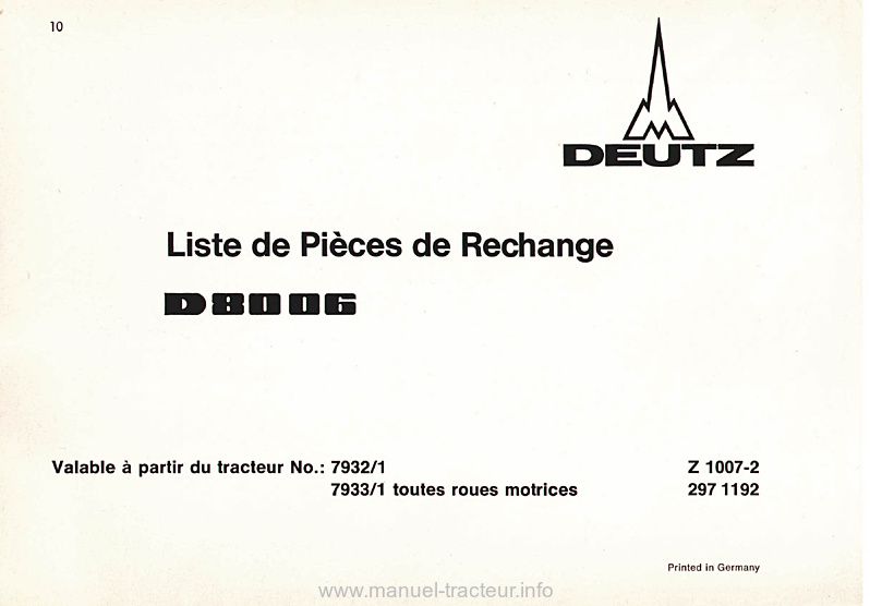 Première page du Catalogue pièces rechange DEUTZ D8006