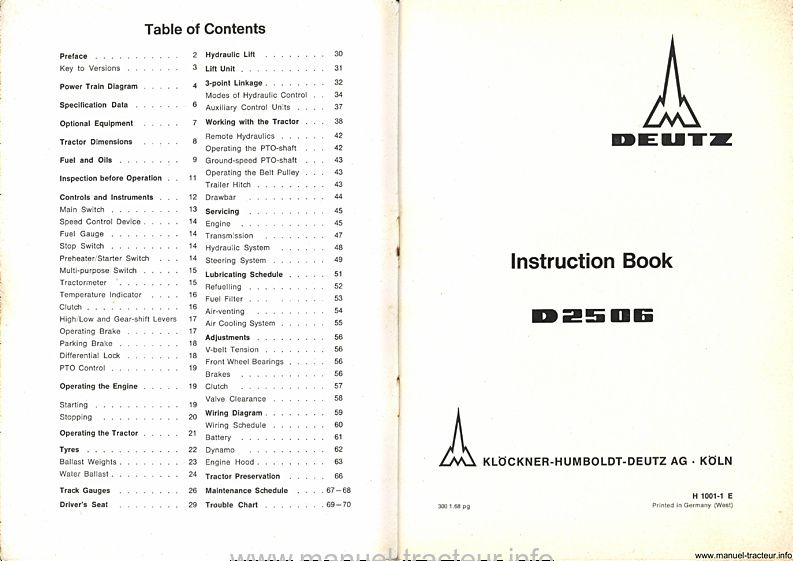 Deuxième page du Instruction book DEUTZ D 2506 (Manuel instructions en anglais)