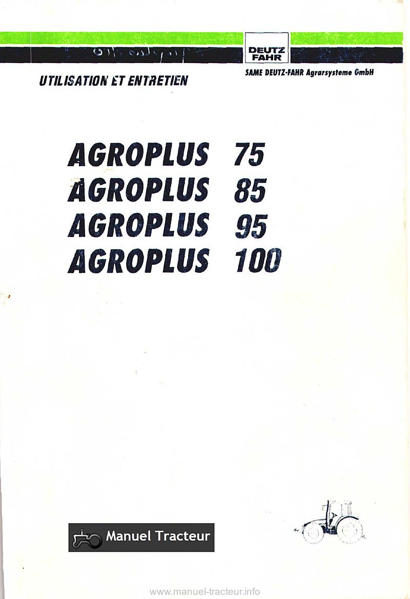 Première page du Manuel entretien Deutz Agroplus 75 85 95 110