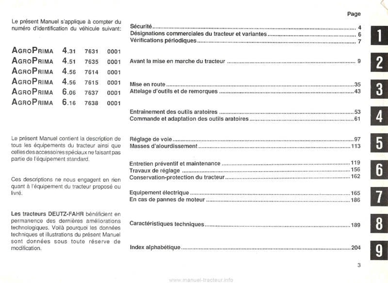 Quatrième page du Manuel instructions tracteurs Deutz Agroprima 4.31 4.51 4.56 6.06 6.16