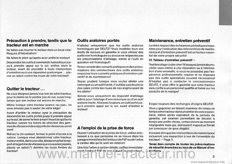 Troisième page du Manuel instruction Deutz 6807c 7207c 7807c