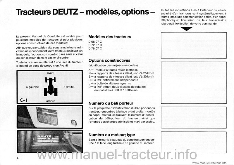 Quatrième page du Manuel instruction Deutz 6807c 7207c 7807c