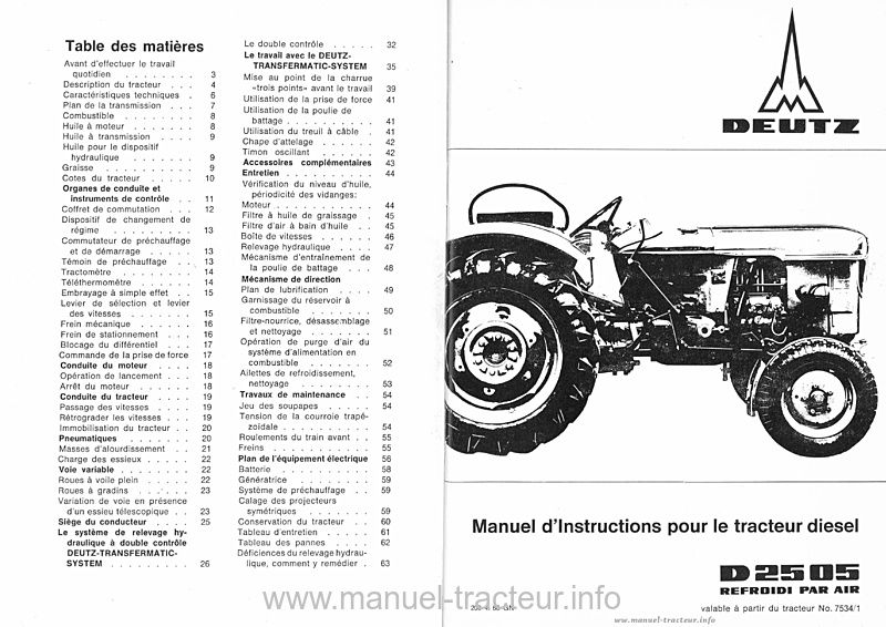 Deuxième page du Manuel instructions Deutz 2505