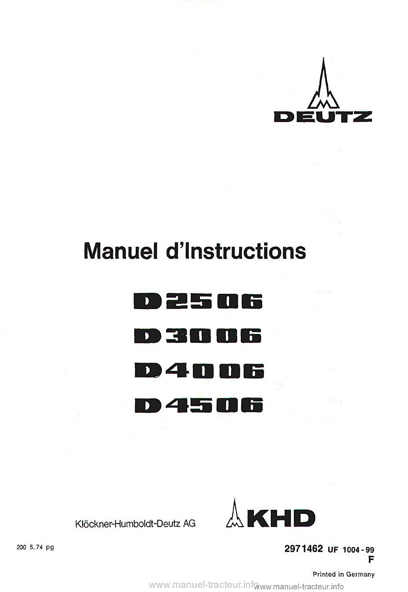 Première page du Manuel instructions Deutz D2506