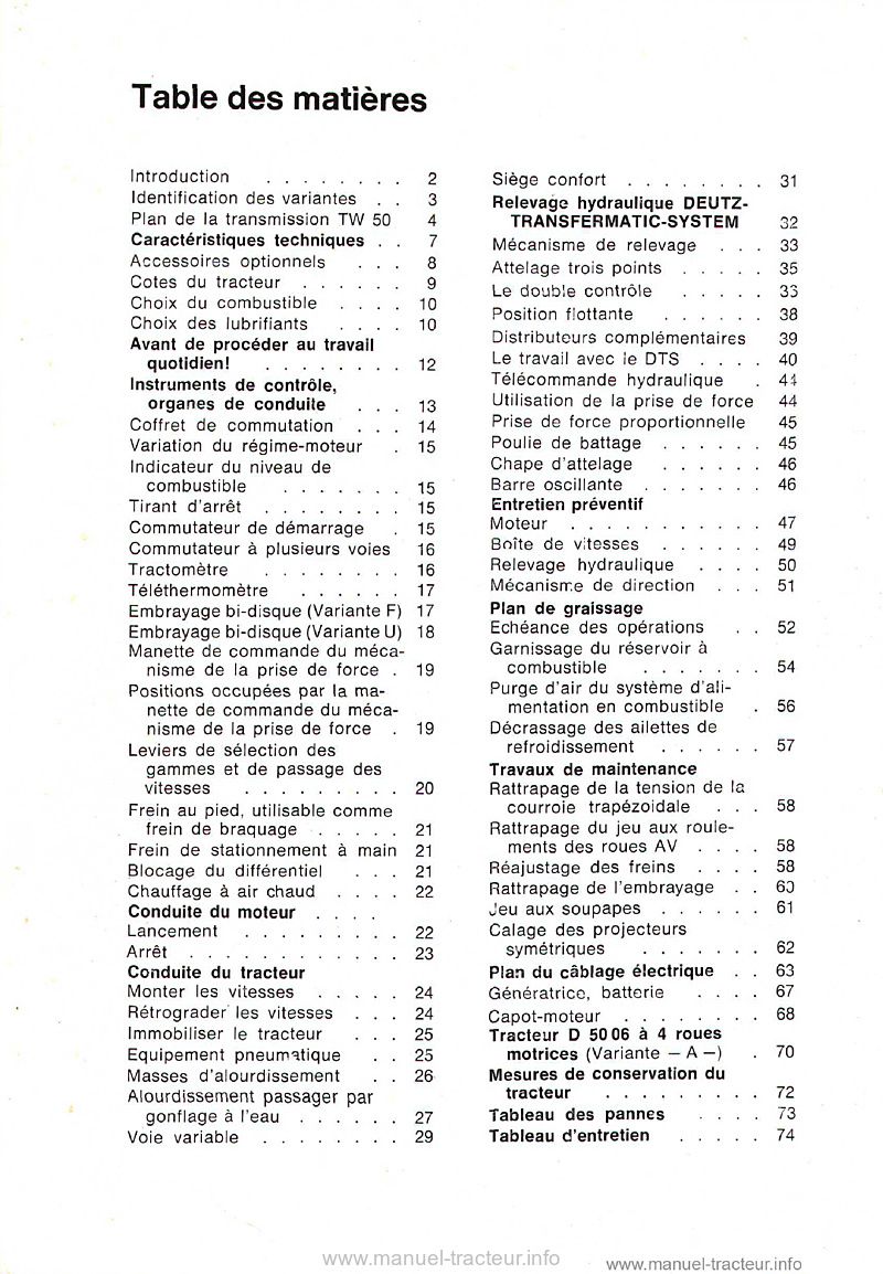 Deuxième page du Manuel instruction Deutz D5006