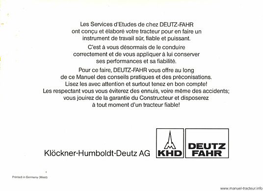 Deuxième page du Manuel Instruction DEUTZ DX 80 86 92 110 120 145