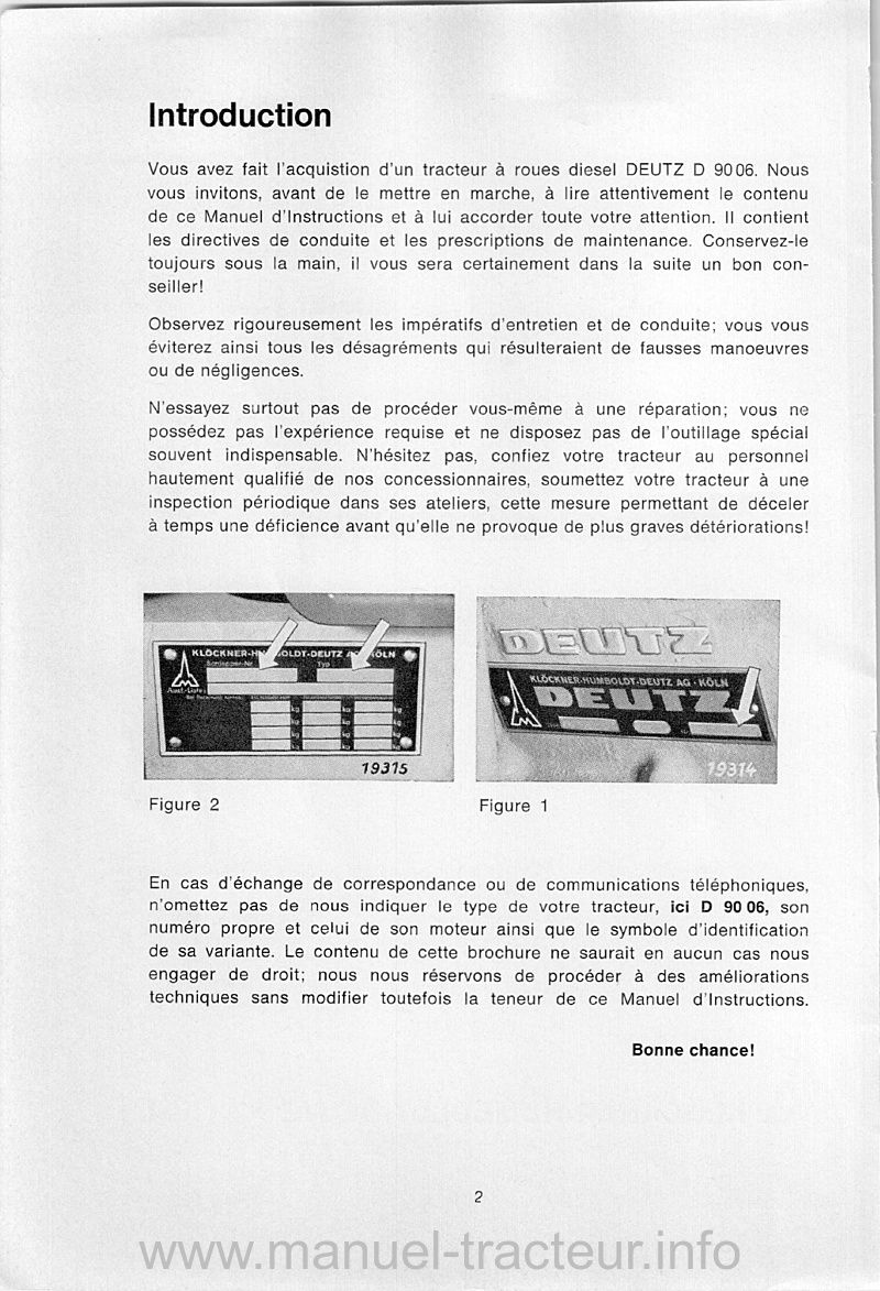 Quatrième page du Manuel d'Instruction pour tracteur Diesel D9006