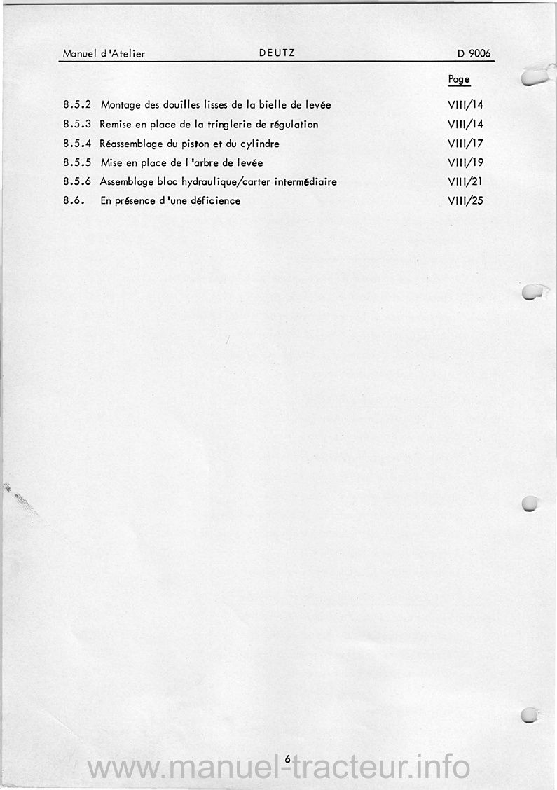 Sixième page du Manuel atelier DEUTZ D9006