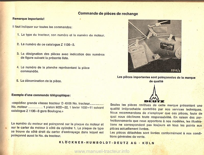 Troisième page du Catalogue pièces rechange DEUTZ D 4005