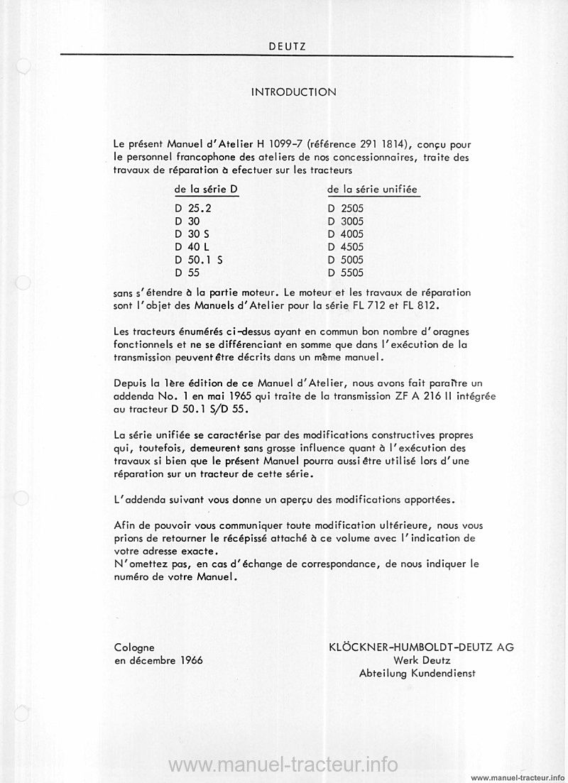 Troisième page du Manuel atelier DEUTZ 25 30 40 50 55