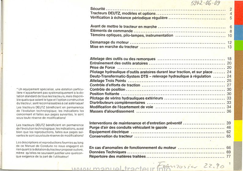 Troisième page du Manuel d'instruction pour les tracteurs Diesel D 6807, 7207 et 7807