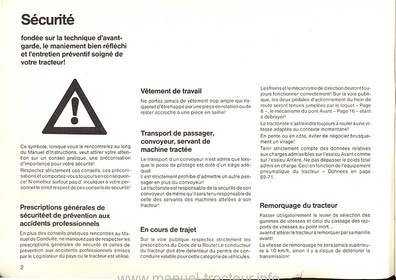 Quatrième page du Manuel d'instruction pour les tracteurs Diesel D 6807, 7207 et 7807