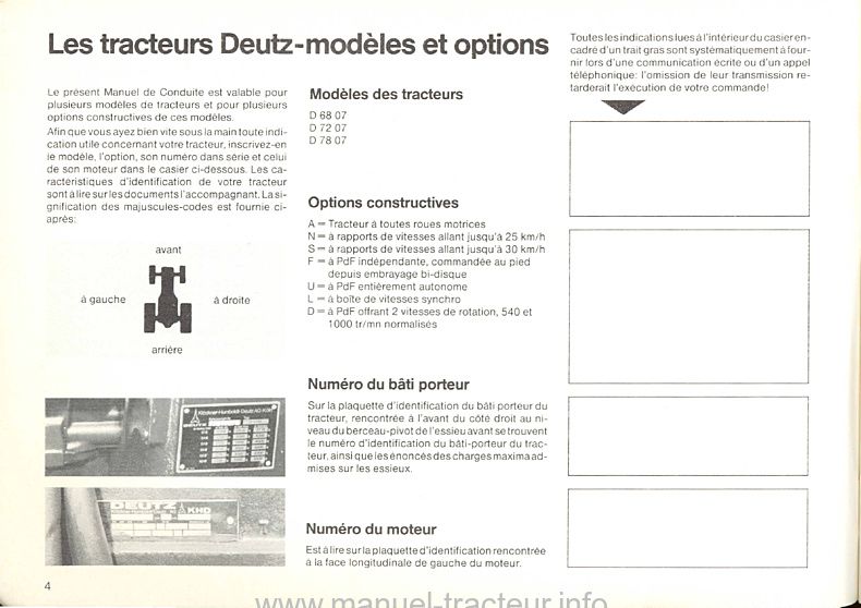 Sixième page du Manuel d'instruction pour les tracteurs Diesel D 6807, 7207 et 7807