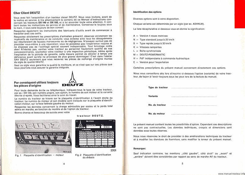 Quatrième page du Manuel d'instruction pour les tracteurs DX 140 et 160