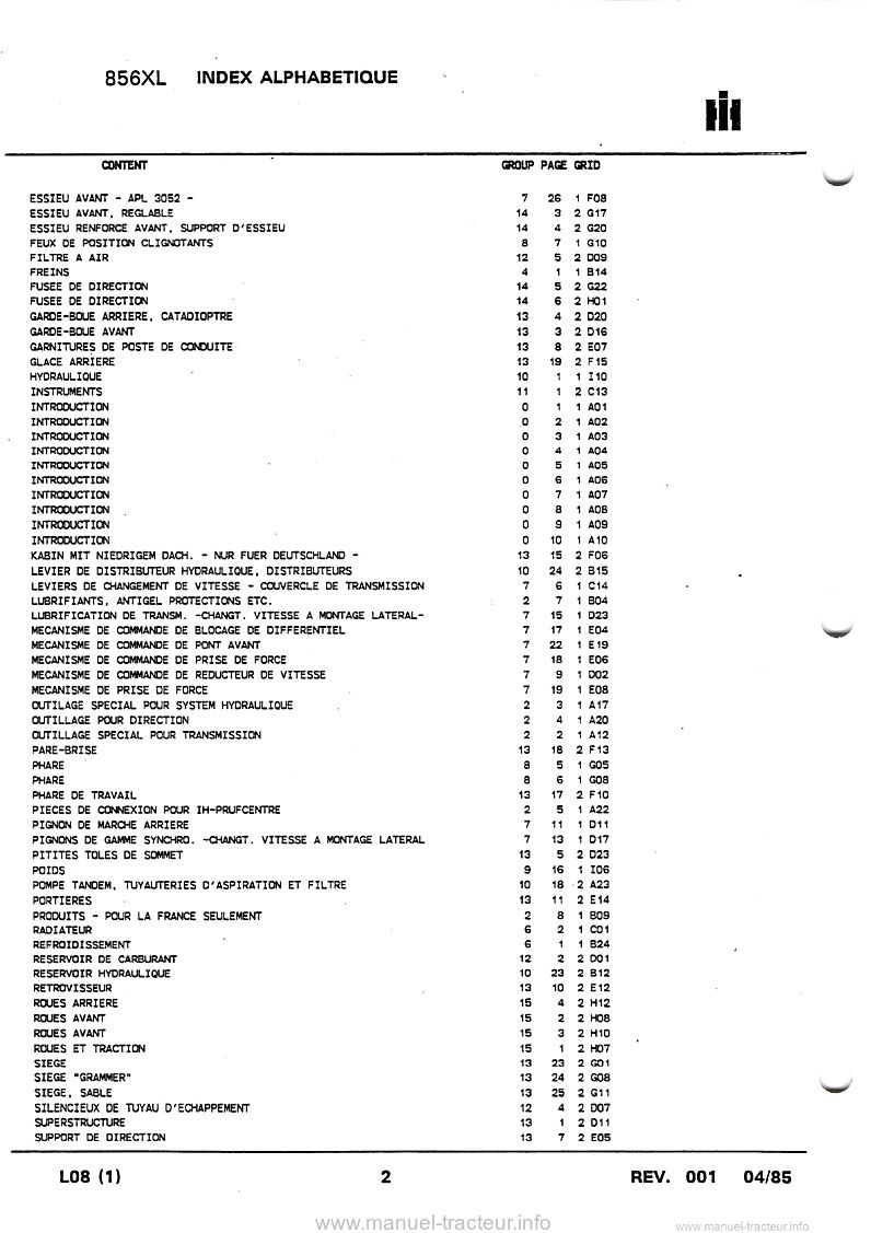 Quatrième page du Catalogue pièces détachées IH CASE 856XL