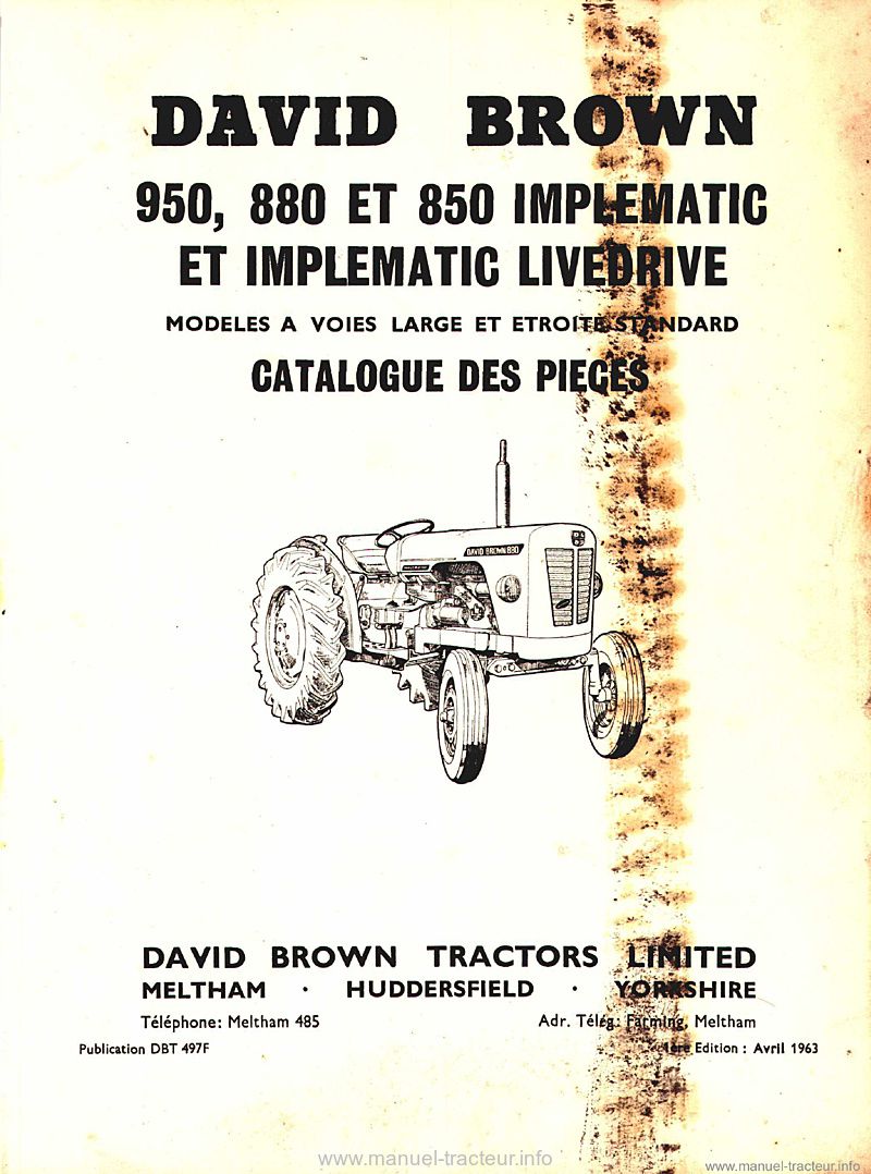 Première page du Catalogue pièces David Brown 950 880 850