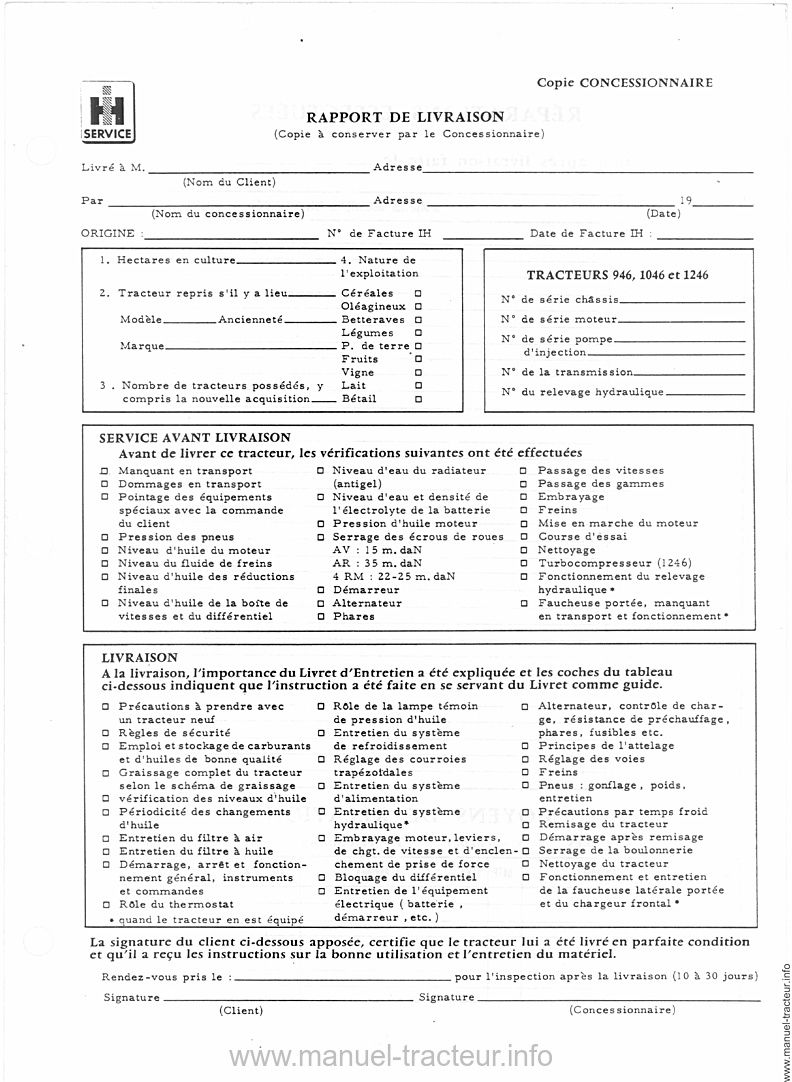 Sixième page du Livret entretien INTERNATIONAL CASE IH 946 1046 1246 