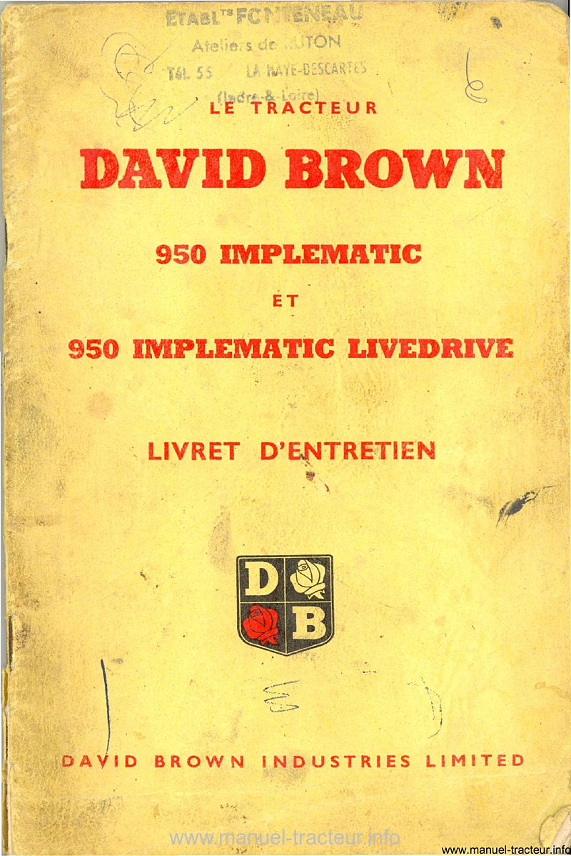 Première page du Livret instructions DAVID BROWN 950 Implematic  LiveDrive