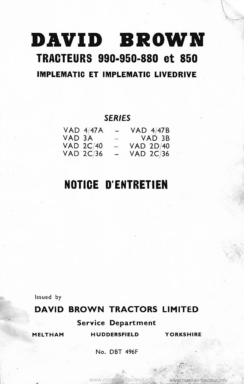 Deuxième page du Livret entretien David Brown 990 950 880 850