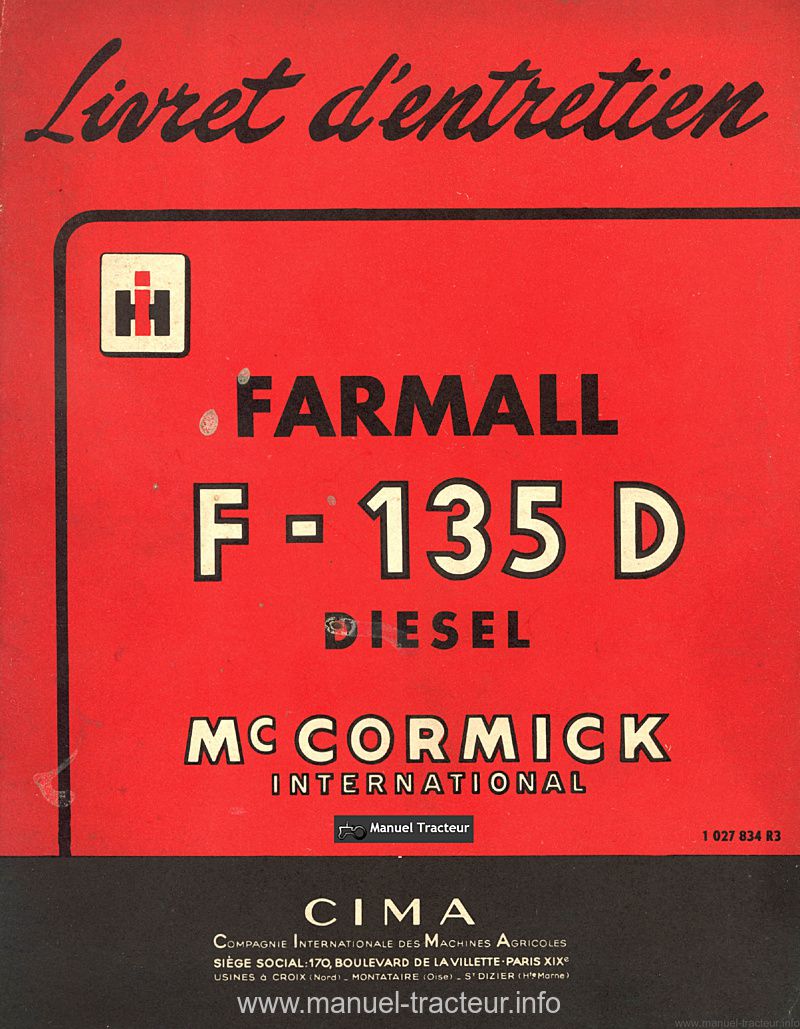 Première page du Livret entretien FARMALL F-135-D