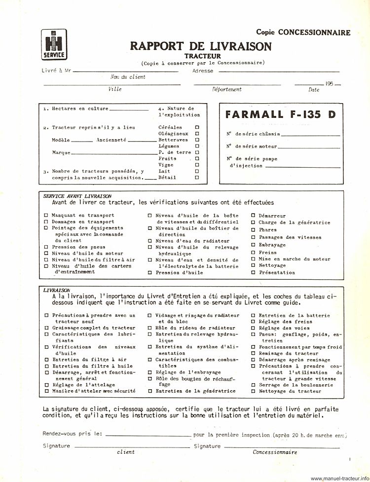 Troisième page du Livret entretien FARMALL F-135-D