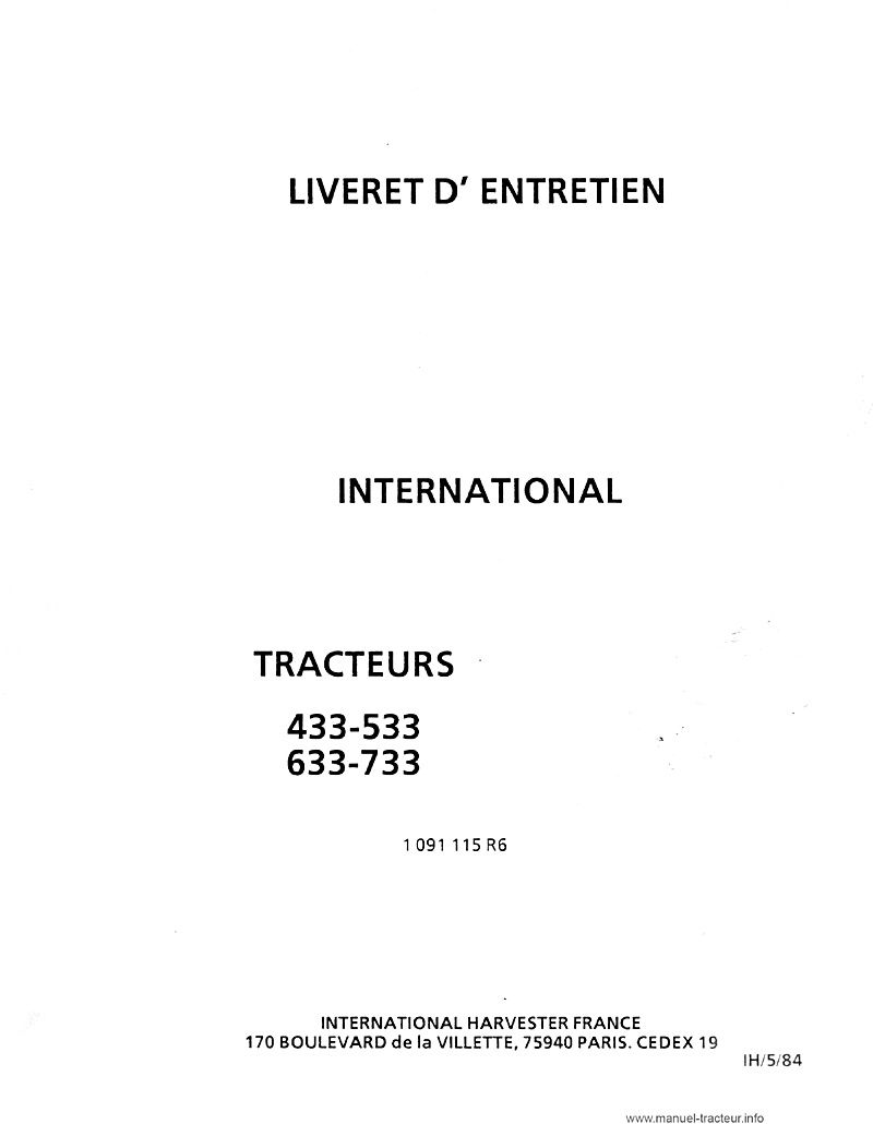 Deuxième page du Livret entretien CASE IH 433, 533, 633, 733