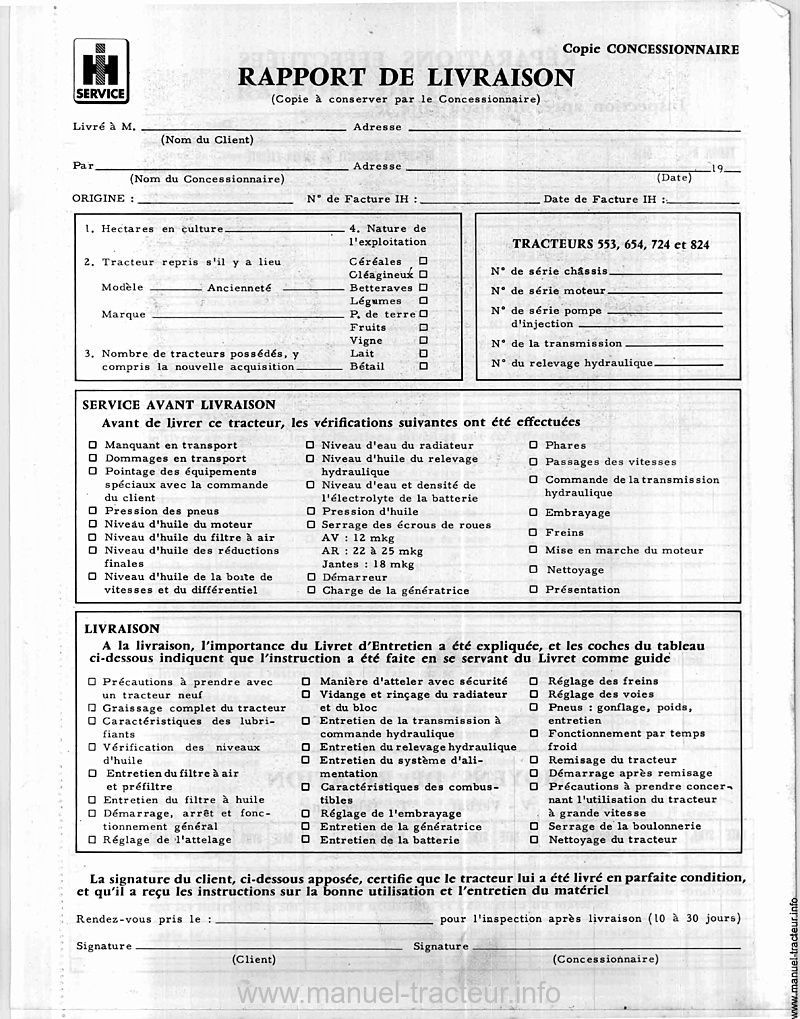 Sixième page du Livret entretien IH INTERNATIONAL 553 654 724 824