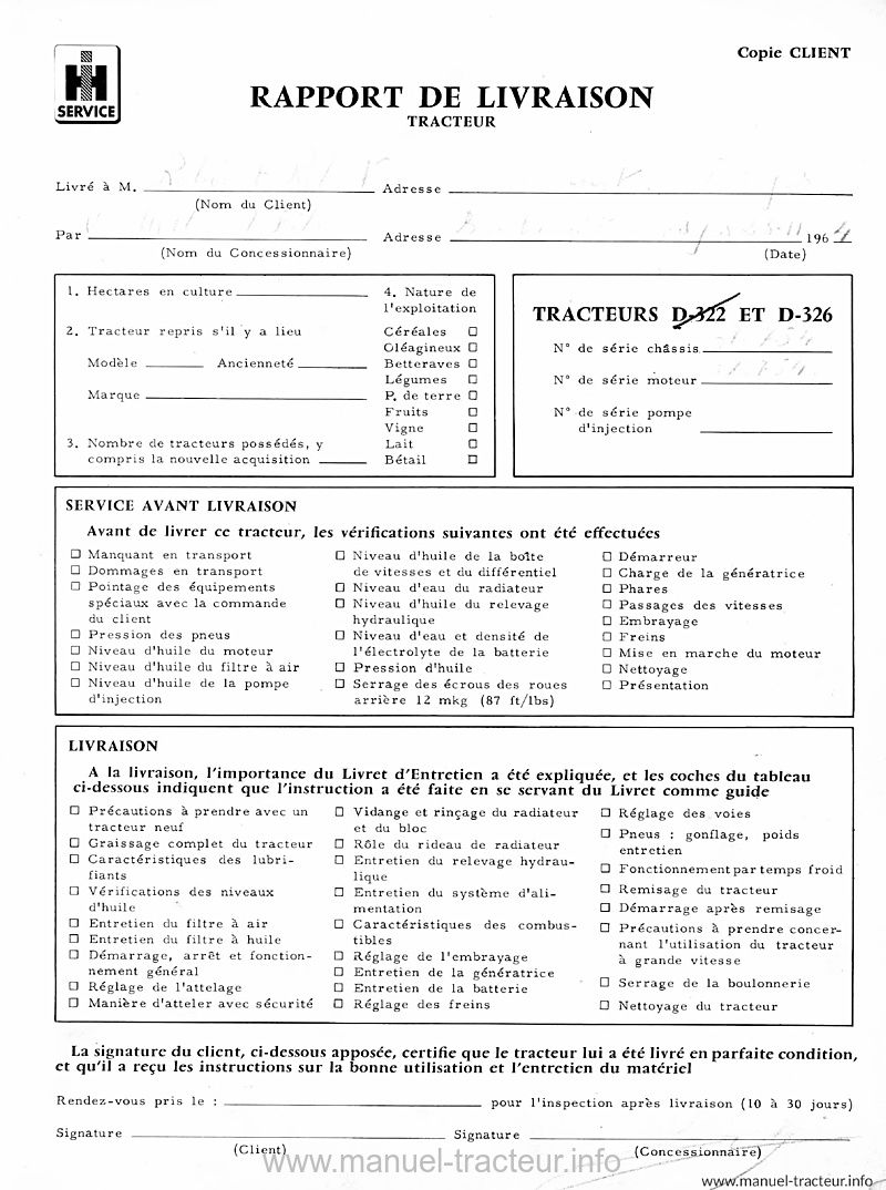 Quatrième page du Livret entretien Mc Cormick IH 322 326