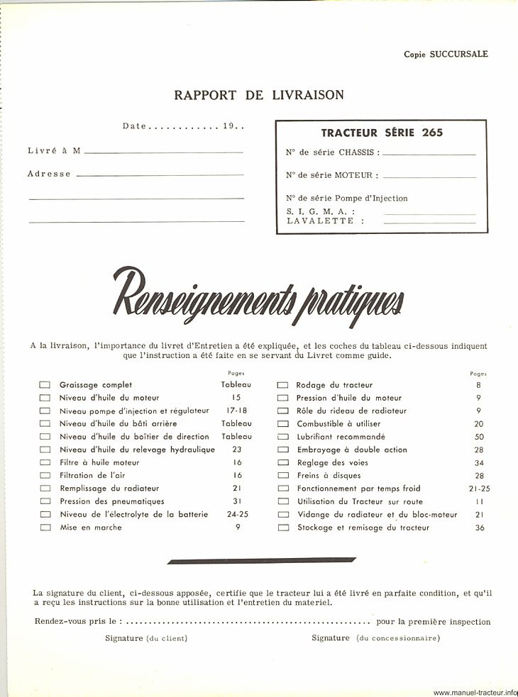Sixième page du Livret entretien IH Mc Cormick 265