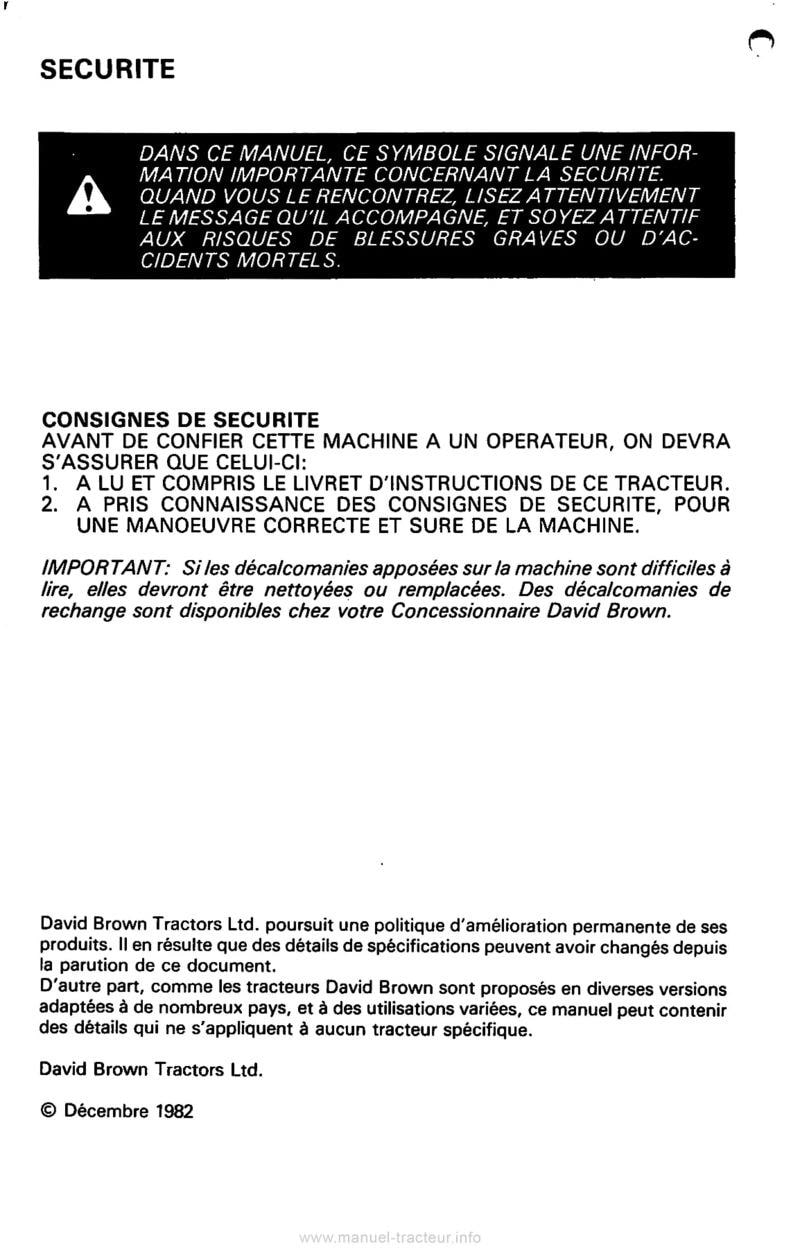 Deuxième page du Livret d'instructions des tracteurs David Brown Case 1690 Turbo, 4 roues motrices avec transmission synchromesh
