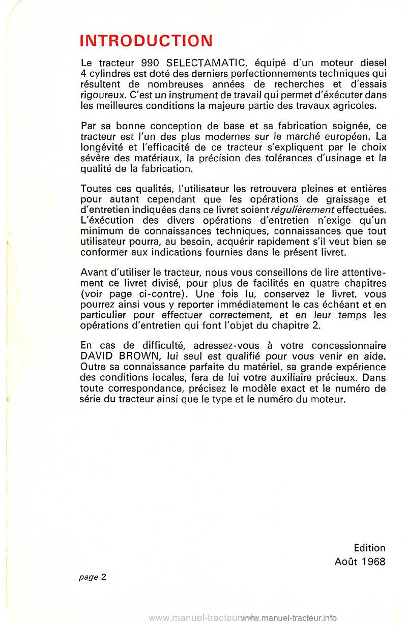 Quatrième page du Livret instructions David Brown 990