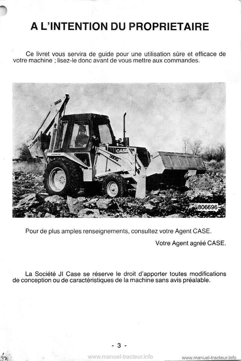 Troisième page du Livret opérateur chargeuse pelleteuse CASE 580G