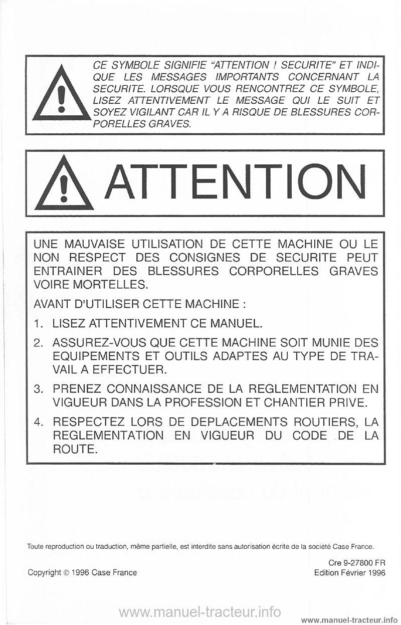 Troisième page du Manuel conducteur CASE 580 LE SLE