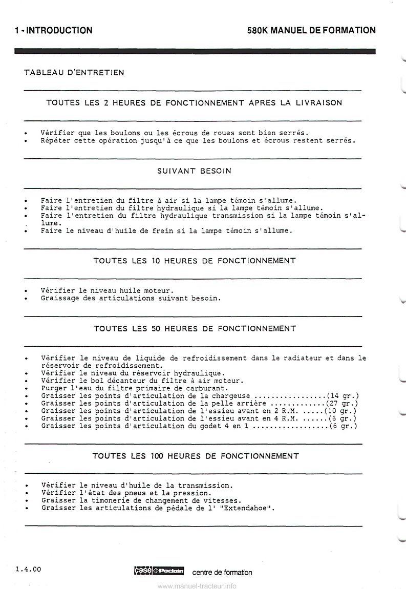 Cinquième page du Manuel de formation CASE 580K