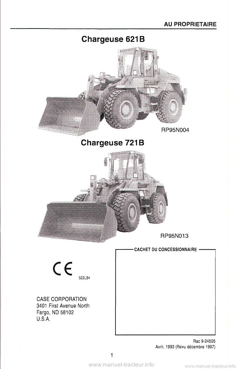 Cinquième page du Manuel opérateur chargeuse CASE 621B-721B