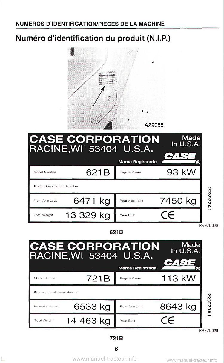 Septième page du Manuel opérateur chargeuse CASE 621B-721B