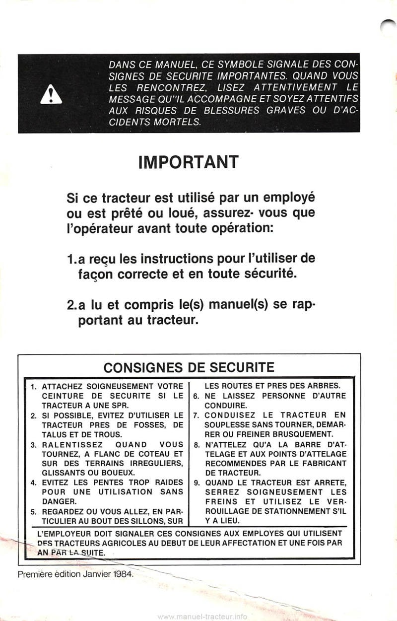 Deuxième page du Manuel de l'opérateur tracteur Case 1394