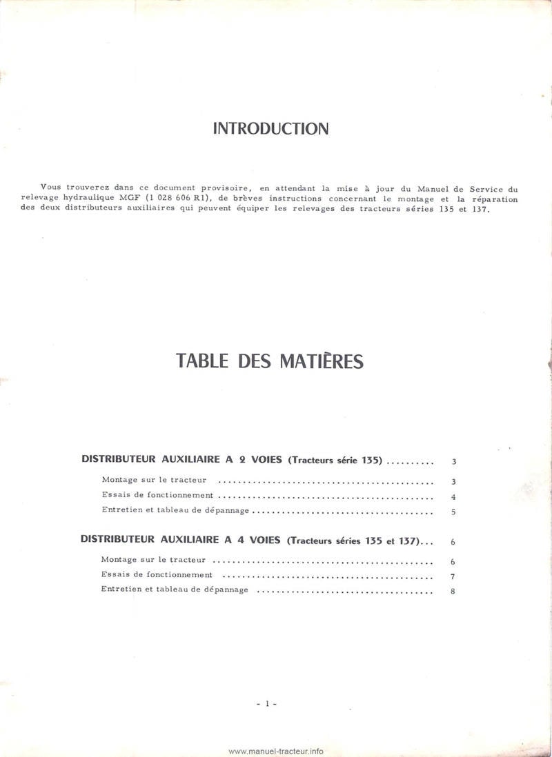 Quatrième page du Manuel service IH McCormick tracteurs Série 135 et 137 - Relevages hydrauliques type M.G.F. et distributeurs hydrauliques auxiliaires 2 et 4 voies